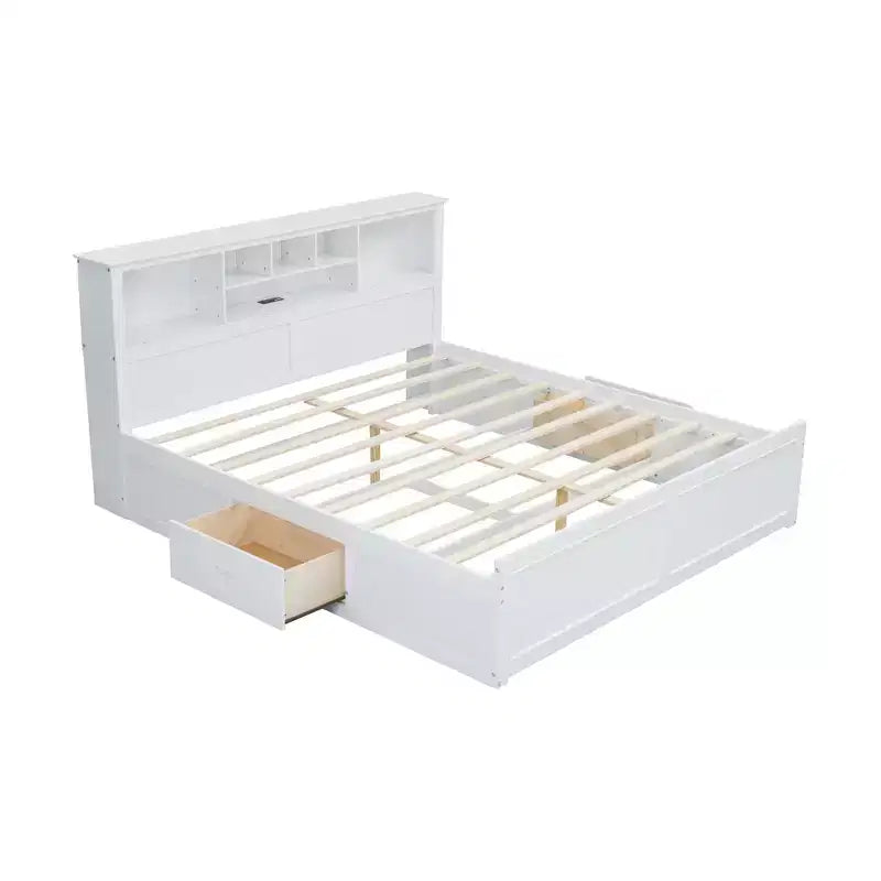 Lit plateforme King Size en bois avec tête de lit multi-rangements, USB et tiroirs, montage facile