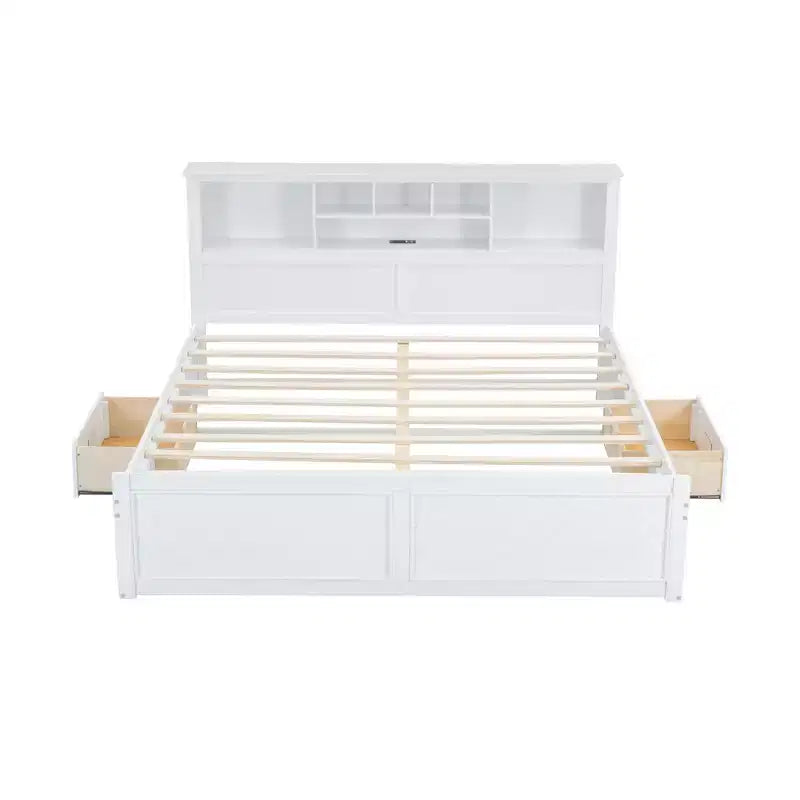 Lit plateforme King Size en bois avec tête de lit multi-rangements, USB et tiroirs, montage facile