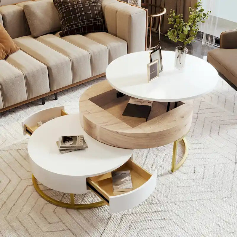 Modern Round Lift-top Nesting Coffee Tables with 2 Drawers
