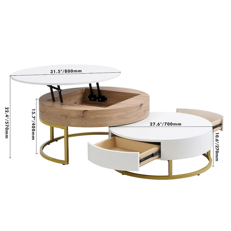 Modern Round Lift-top Nesting Coffee Tables with 2 Drawers