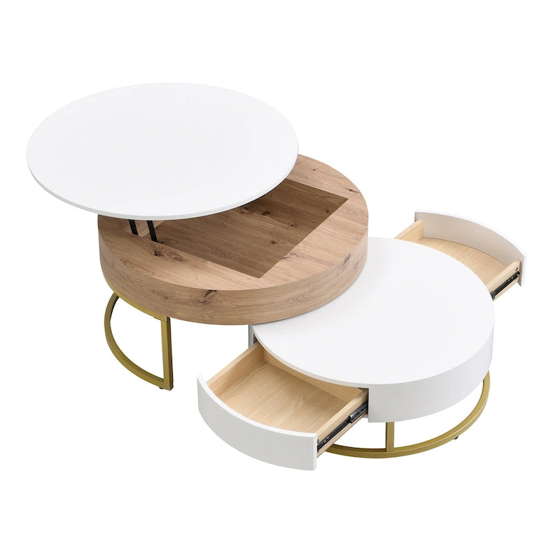 Modern Round Lift-top Nesting Coffee Tables with 2 Drawers