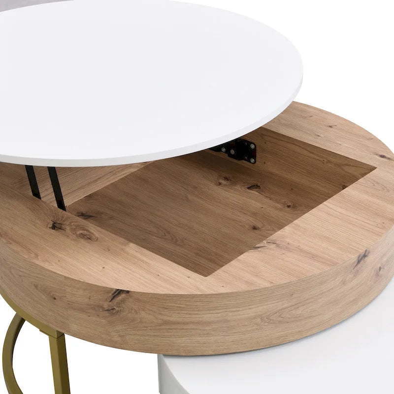 Modern Round Lift-top Nesting Coffee Tables with 2 Drawers