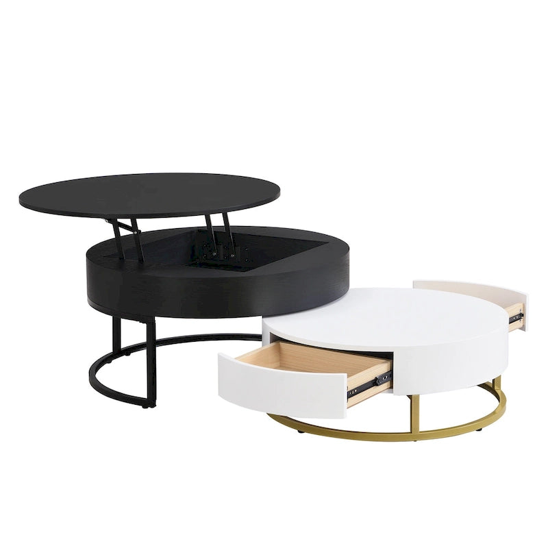 Modern Round Lift-top Nesting Coffee Tables with 2 Drawers