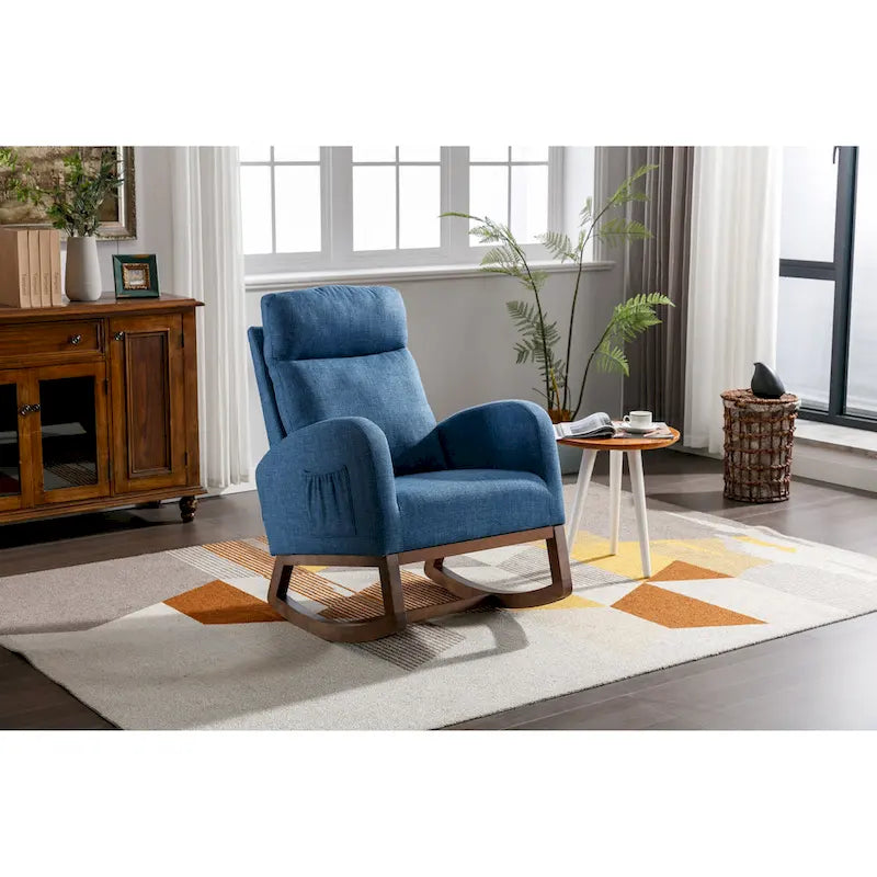 Blue 27 Upholstered Rocking Chair with Wood Legs and Convenient Side Pocket