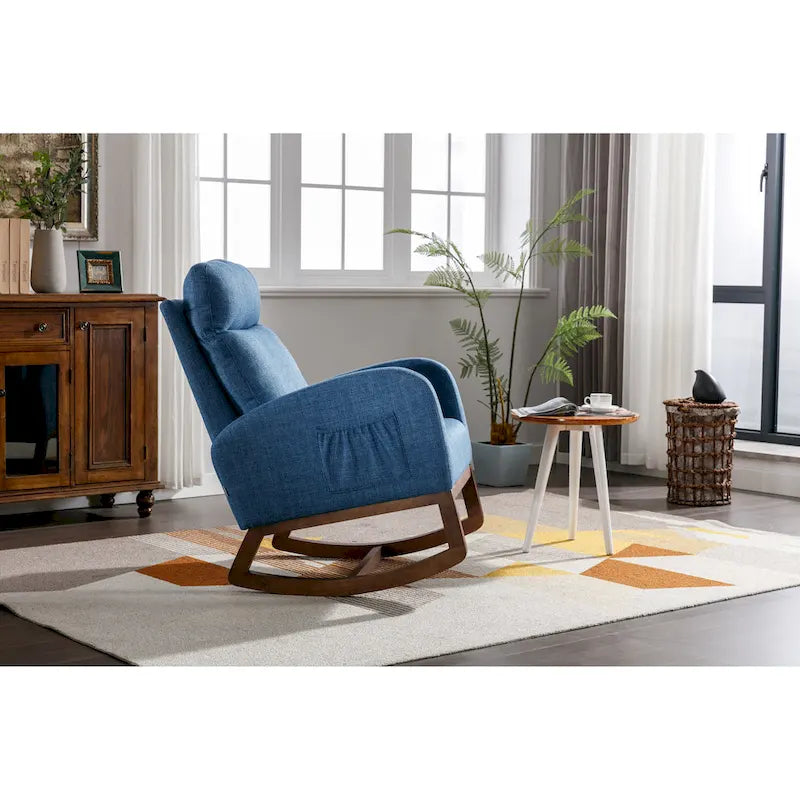 Blue 27 Upholstered Rocking Chair with Wood Legs and Convenient Side Pocket