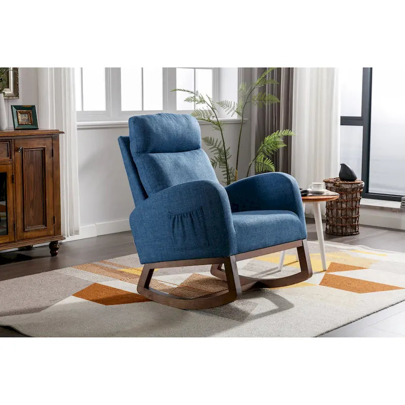 Blue 27 Upholstered Rocking Chair with Wood Legs and Convenient Side Pocket