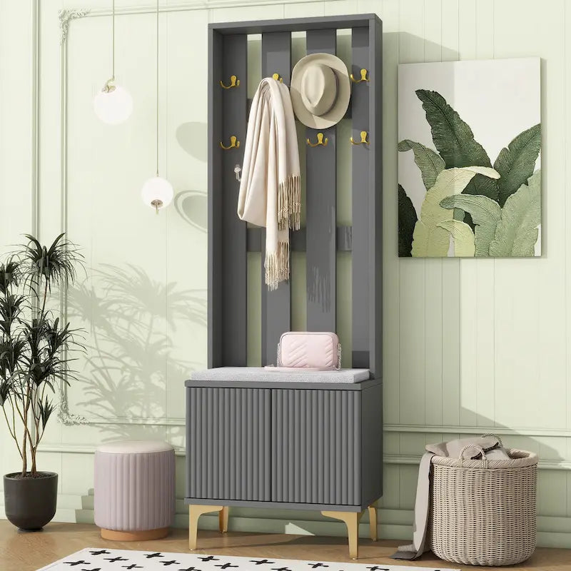 4-in-1 Hall Tree with Cushion, Coat Rack with 8 Gold Hooks and Legs, Entryway Bench with Adjustable Shelves & Fluted Doors
