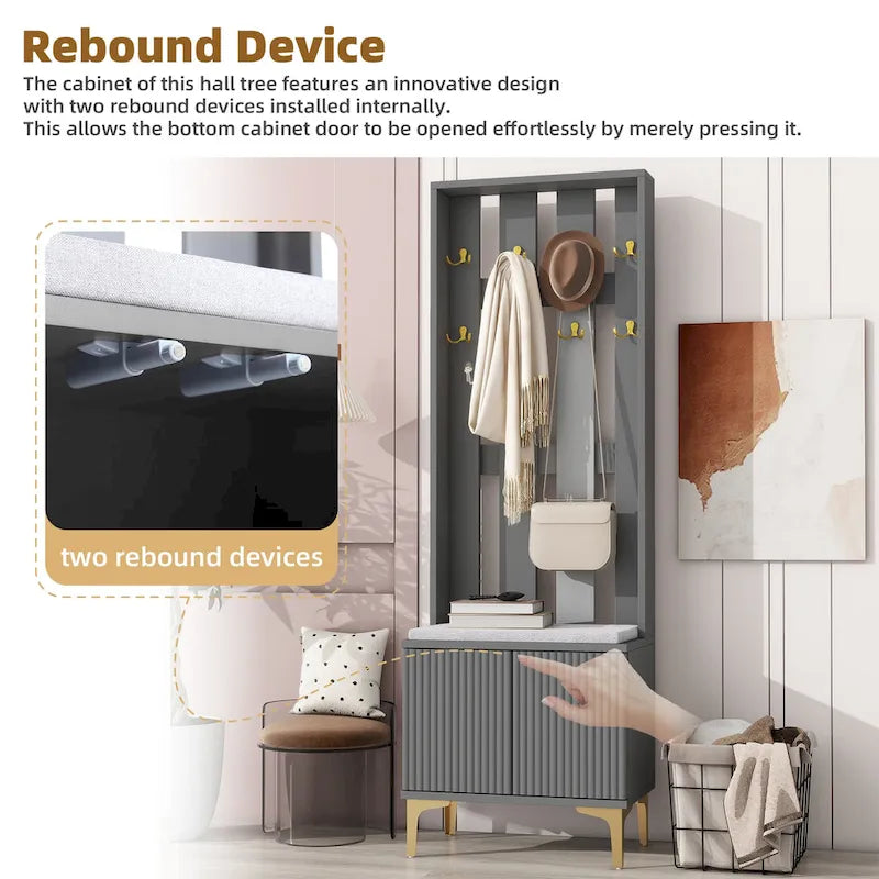 4-in-1 Hall Tree with Cushion, Coat Rack with 8 Gold Hooks and Legs, Entryway Bench with Adjustable Shelves & Fluted Doors