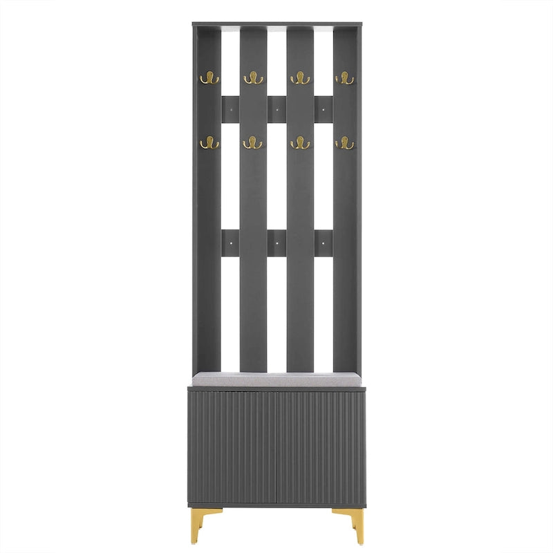 4-in-1 Hall Tree with Cushion, Coat Rack with 8 Gold Hooks and Legs, Entryway Bench with Adjustable Shelves & Fluted Doors