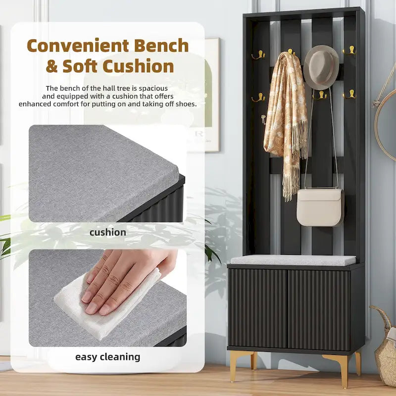 4-in-1 Hall Tree with Cushion, Coat Rack with 8 Gold Hooks and Legs, Entryway Bench with Adjustable Shelves & Fluted Doors