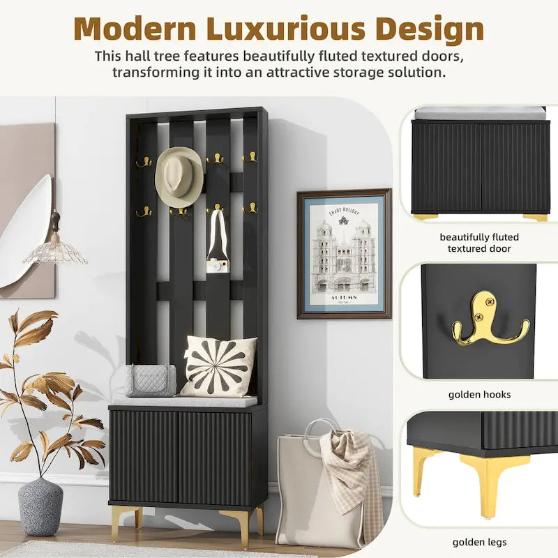 4-in-1 Hall Tree with Cushion, Coat Rack with 8 Gold Hooks and Legs, Entryway Bench with Adjustable Shelves & Fluted Doors