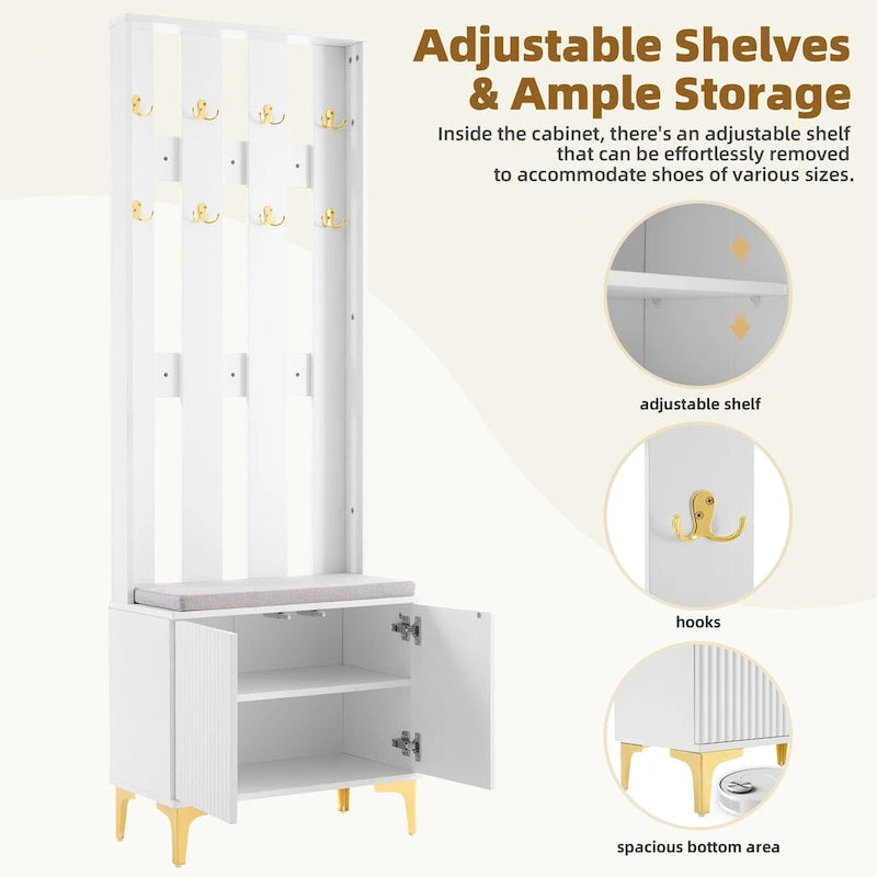 4-in-1 Hall Tree with Cushion, Coat Rack with 8 Gold Hooks and Legs, Entryway Bench with Adjustable Shelves & Fluted Doors