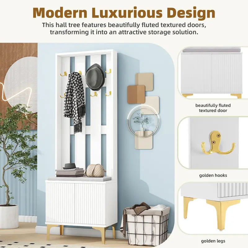 4-in-1 Hall Tree with Cushion, Coat Rack with 8 Gold Hooks and Legs, Entryway Bench with Adjustable Shelves & Fluted Doors