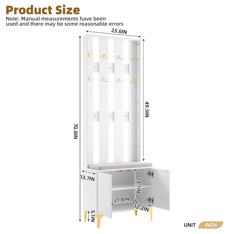 4-in-1 Hall Tree with Cushion, Coat Rack with 8 Gold Hooks and Legs, Entryway Bench with Adjustable Shelves & Fluted Doors
