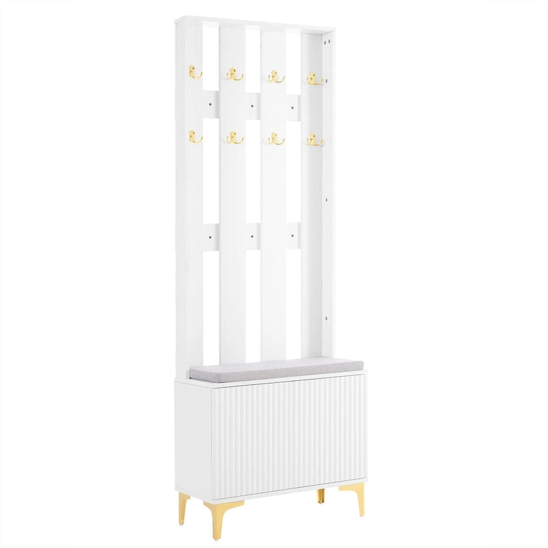4-in-1 Hall Tree with Cushion, Coat Rack with 8 Gold Hooks and Legs, Entryway Bench with Adjustable Shelves & Fluted Doors