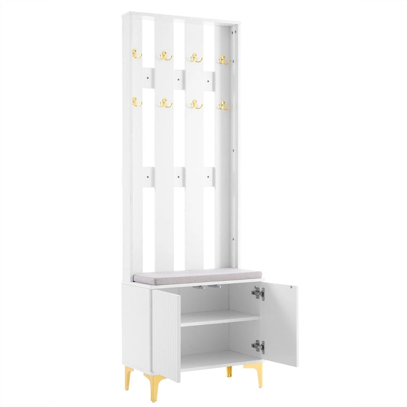 4-in-1 Hall Tree with Cushion, Coat Rack with 8 Gold Hooks and Legs, Entryway Bench with Adjustable Shelves & Fluted Doors