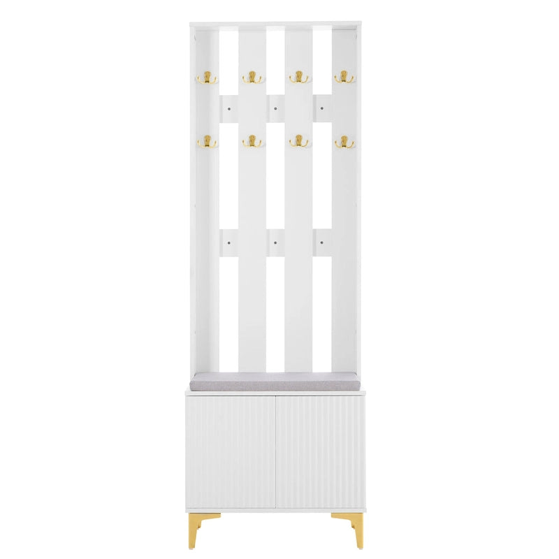 4-in-1 Hall Tree with Cushion, Coat Rack with 8 Gold Hooks and Legs, Entryway Bench with Adjustable Shelves & Fluted Doors