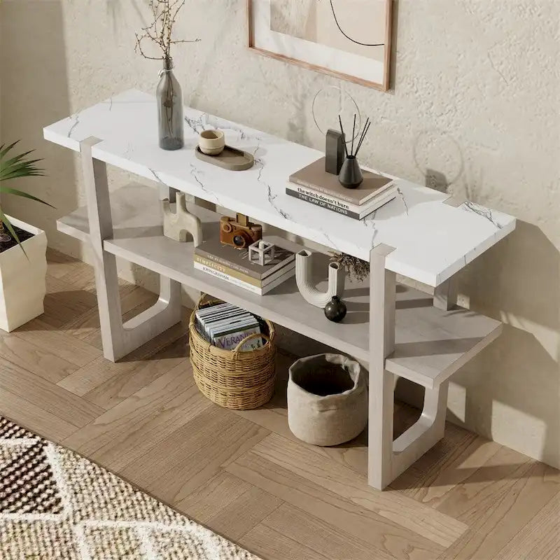 Retro Elegant Console Table with Marble-Effect Top & Versatile Storage