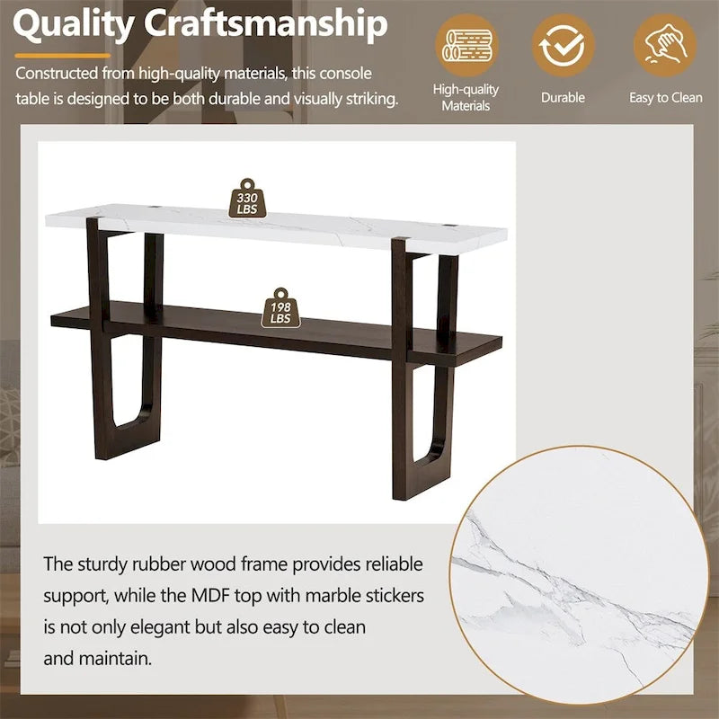 Retro Elegant Console Table with Marble-Effect Top & Versatile Storage