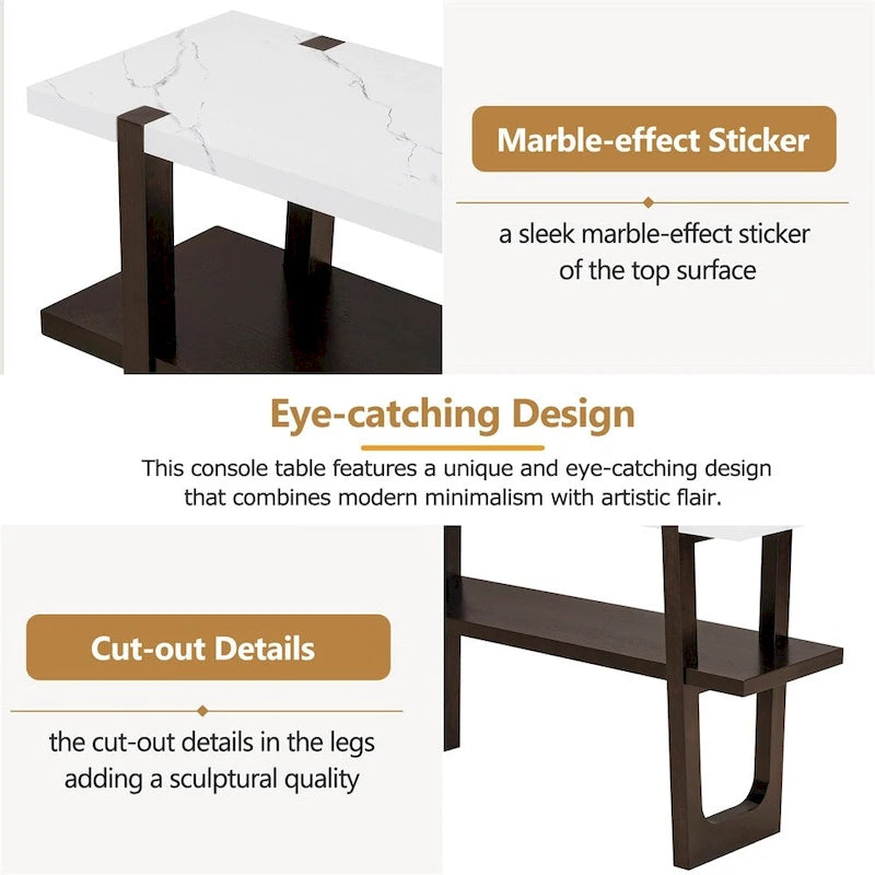 Retro Elegant Console Table with Marble-Effect Top & Versatile Storage
