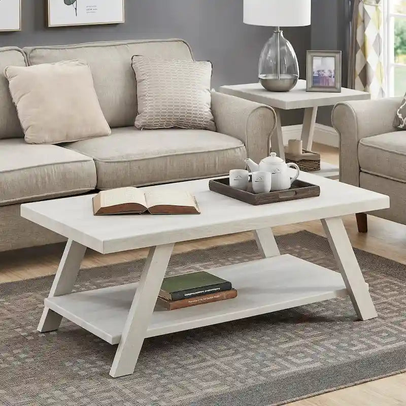 Contemporary Wood Shelf Coffee Table in White Finish, for Living Room