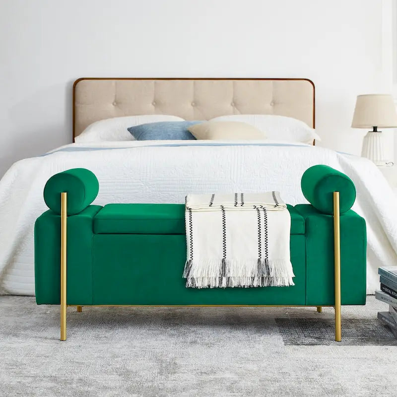 GDFStudio - Harper Linen Upholstered Storage Bench with Cylindrical Arms and Gold Metal Legs