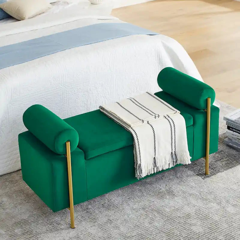 GDFStudio - Harper Linen Upholstered Storage Bench with Cylindrical Arms and Gold Metal Legs