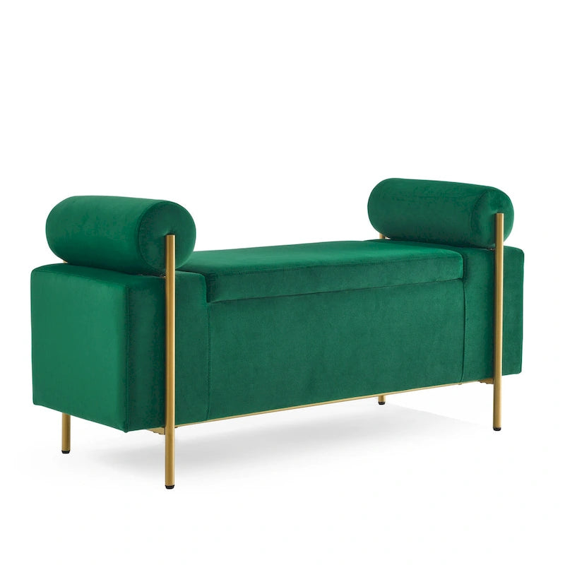 GDFStudio - Harper Linen Upholstered Storage Bench with Cylindrical Arms and Gold Metal Legs