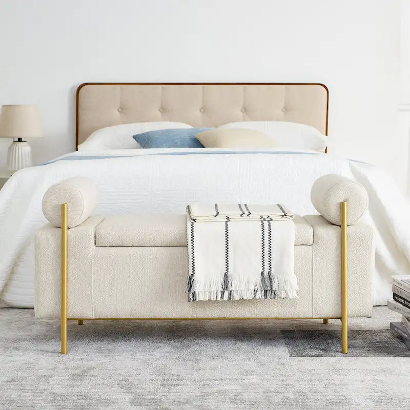 GDFStudio - Harper Linen Upholstered Storage Bench with Cylindrical Arms and Gold Metal Legs