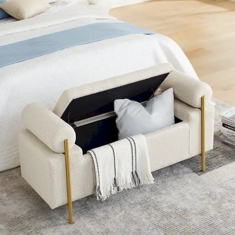 GDFStudio - Harper Linen Upholstered Storage Bench with Cylindrical Arms and Gold Metal Legs