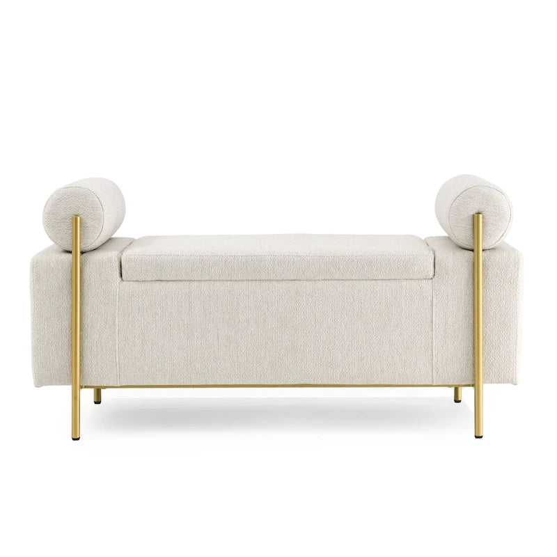 GDFStudio - Harper Linen Upholstered Storage Bench with Cylindrical Arms and Gold Metal Legs