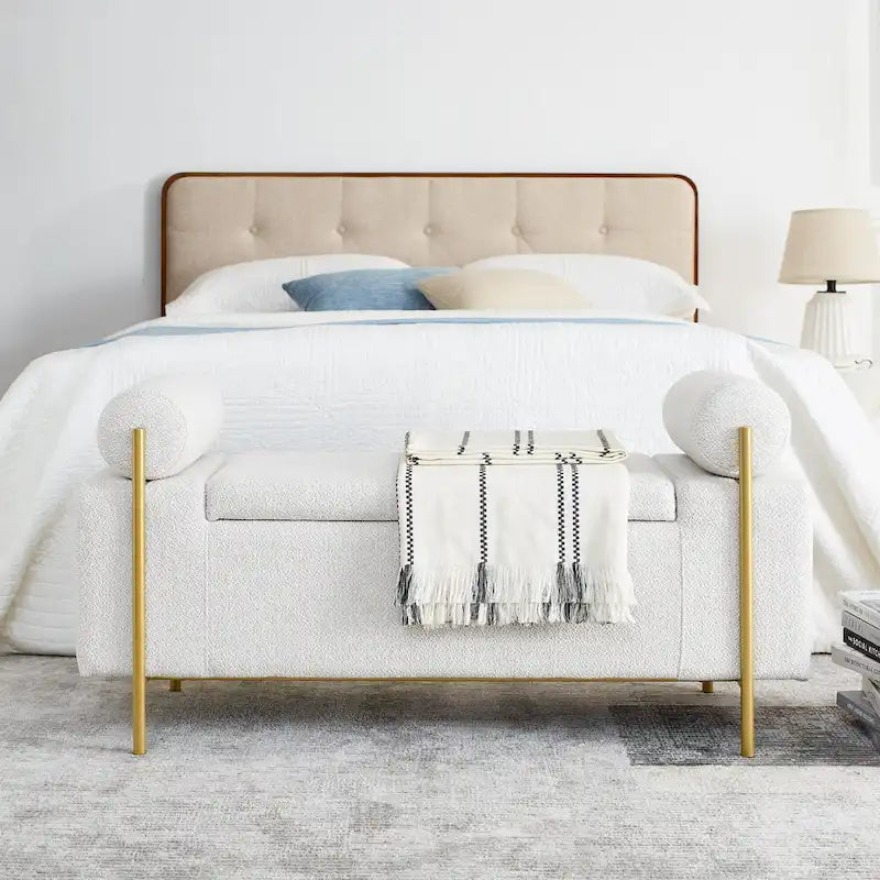 GDFStudio - Harper Linen Upholstered Storage Bench with Cylindrical Arms and Gold Metal Legs