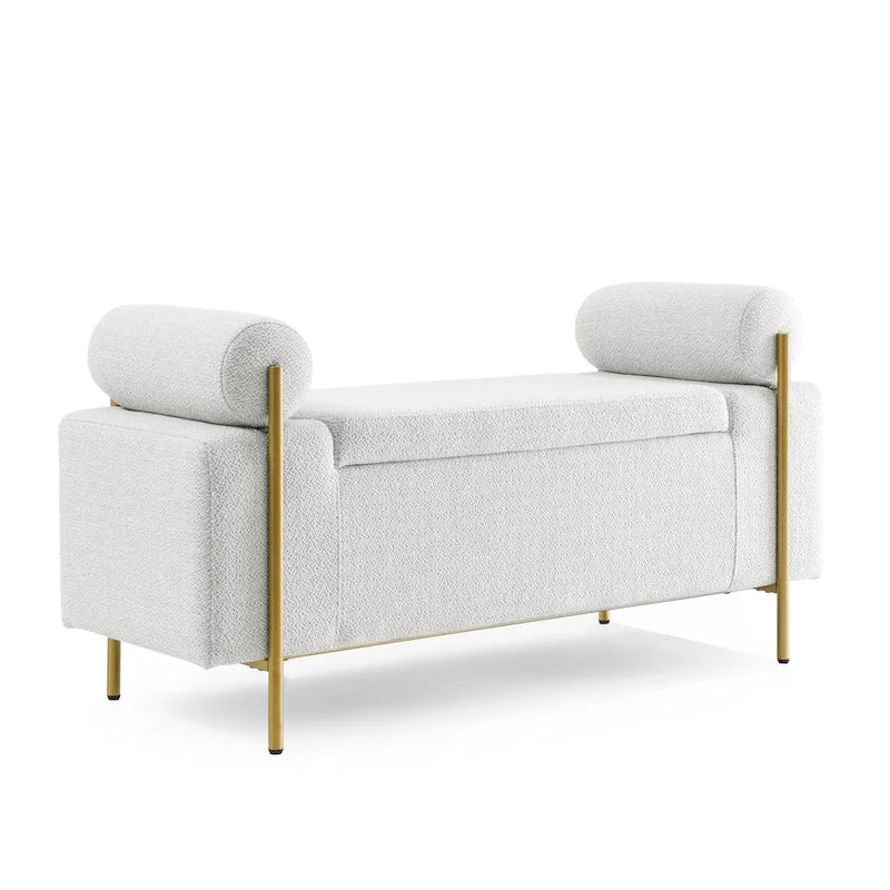 GDFStudio - Harper Linen Upholstered Storage Bench with Cylindrical Arms and Gold Metal Legs