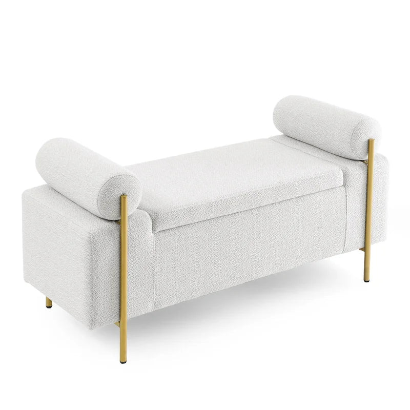 GDFStudio - Harper Linen Upholstered Storage Bench with Cylindrical Arms and Gold Metal Legs