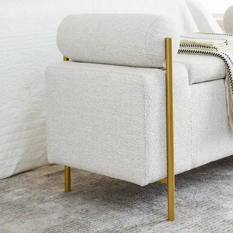 GDFStudio - Harper Linen Upholstered Storage Bench with Cylindrical Arms and Gold Metal Legs