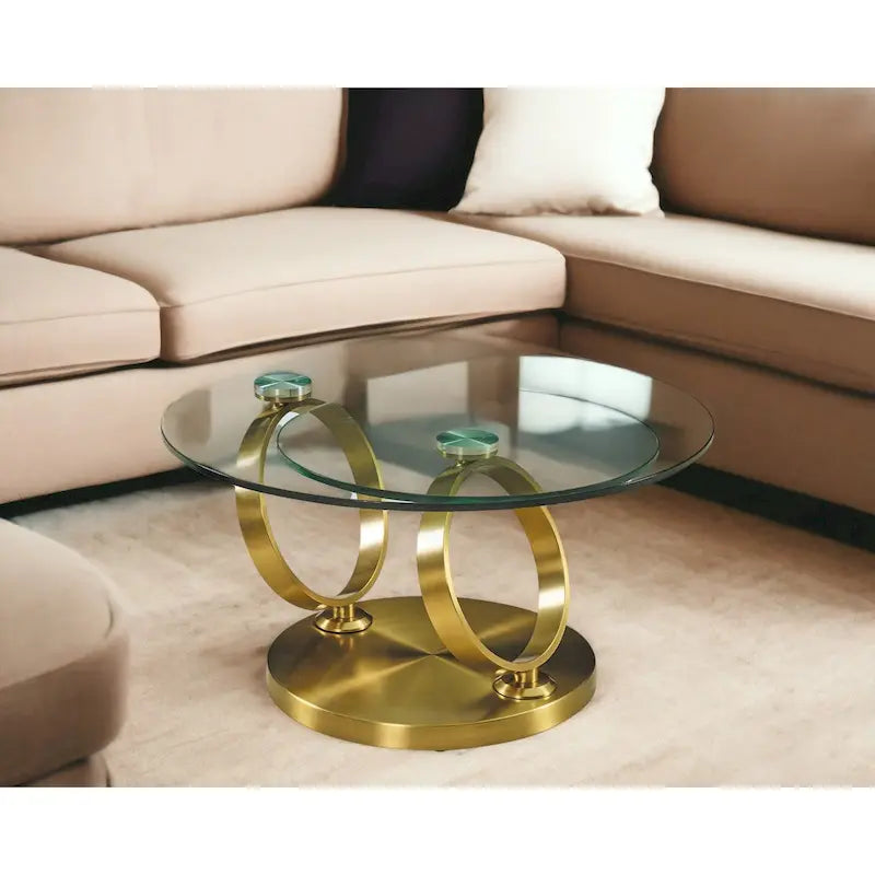 HomeRoots 32 Clear And Gold Glass And Metal Round Abstract Coffee Table - 31.5' X '17' X '31.5
