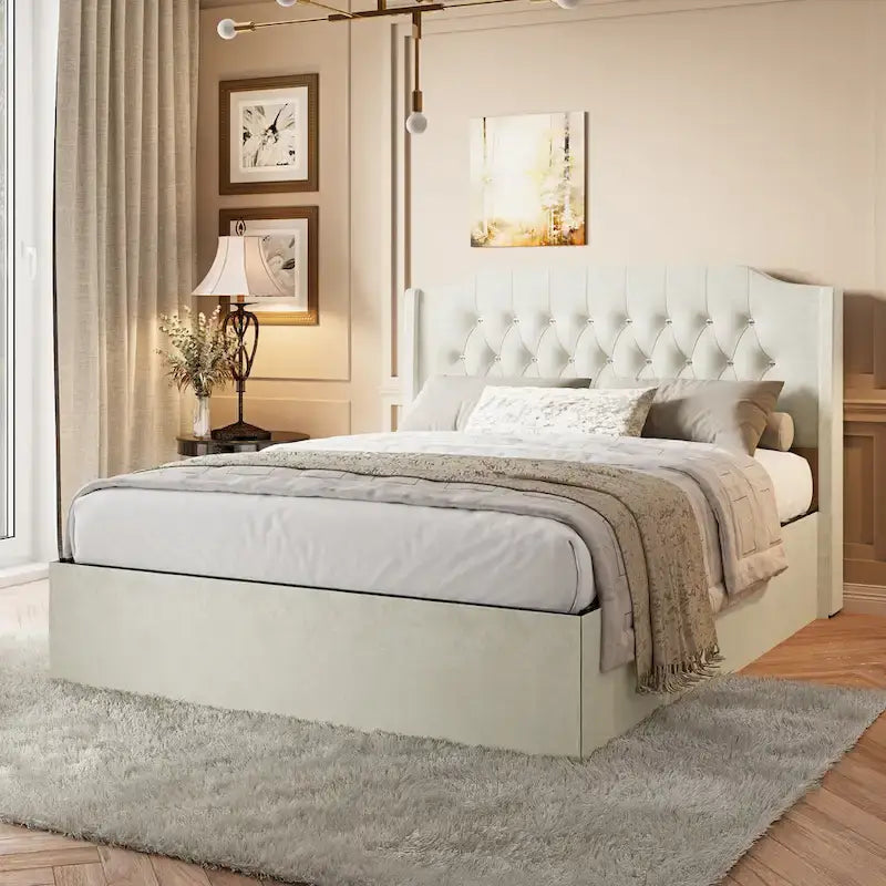 Queen Size Tufted Bed Frame with Crystal Button Accents, Wingback Headboard & Under-Bed Storage,Beige