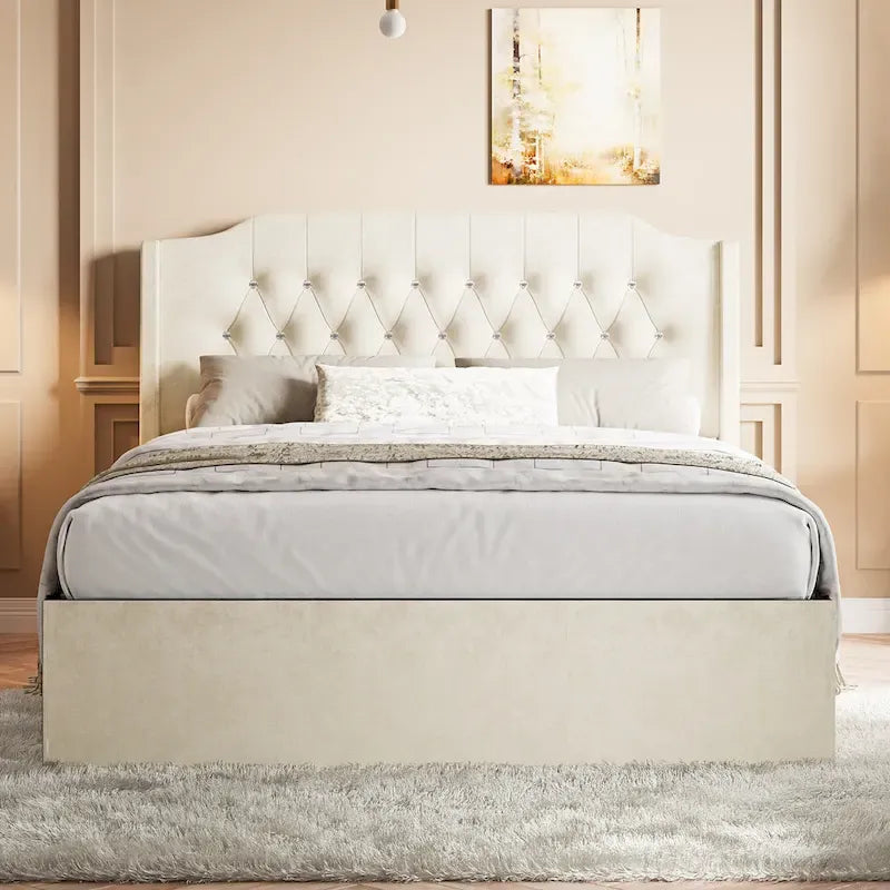 Queen Size Tufted Bed Frame with Crystal Button Accents, Wingback Headboard & Under-Bed Storage,Beige