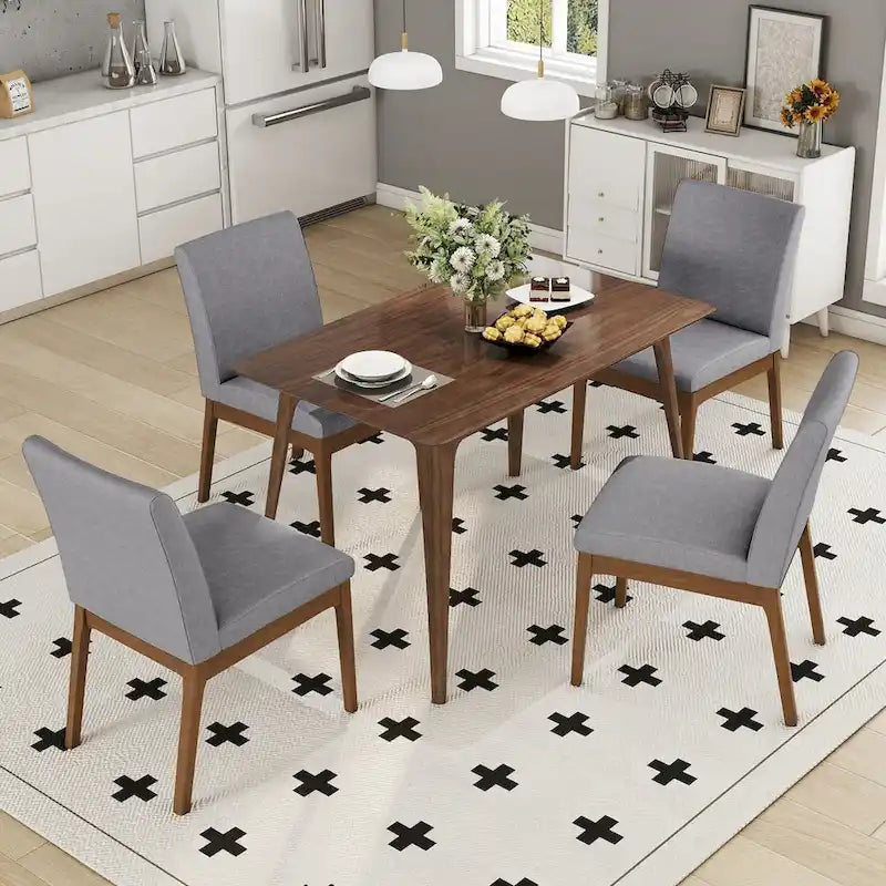 5 Piece Dining Table and Chair Set, Wooden Kitchen Furniture Set with Rectangular Table and 4 Upholstered Chairs
