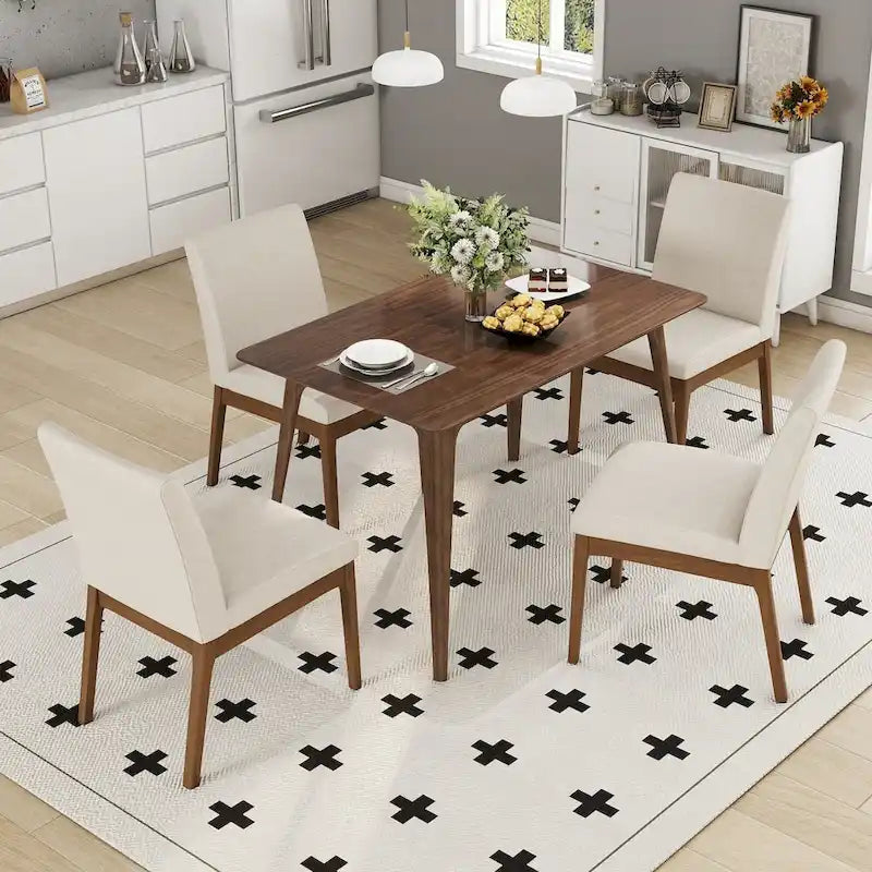 5 Piece Dining Table and Chair Set, Wooden Kitchen Furniture Set with Rectangular Table and 4 Upholstered Chairs