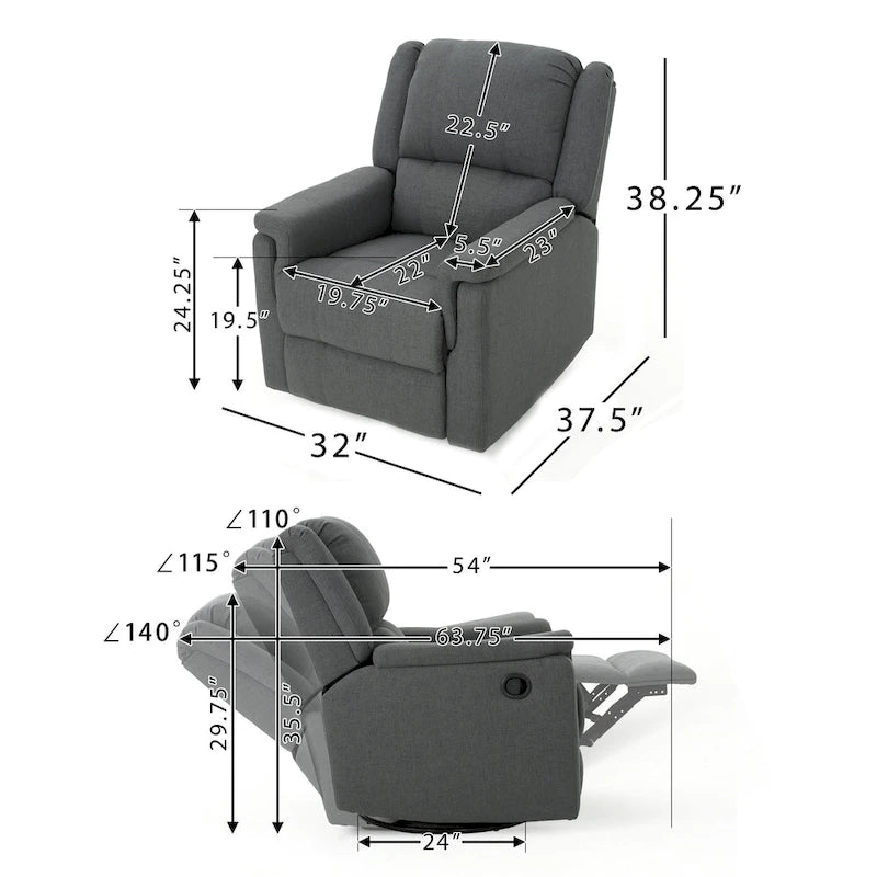 Roomfitters Fabric Glider Recliner with Swivel, Manual Reclining Chair