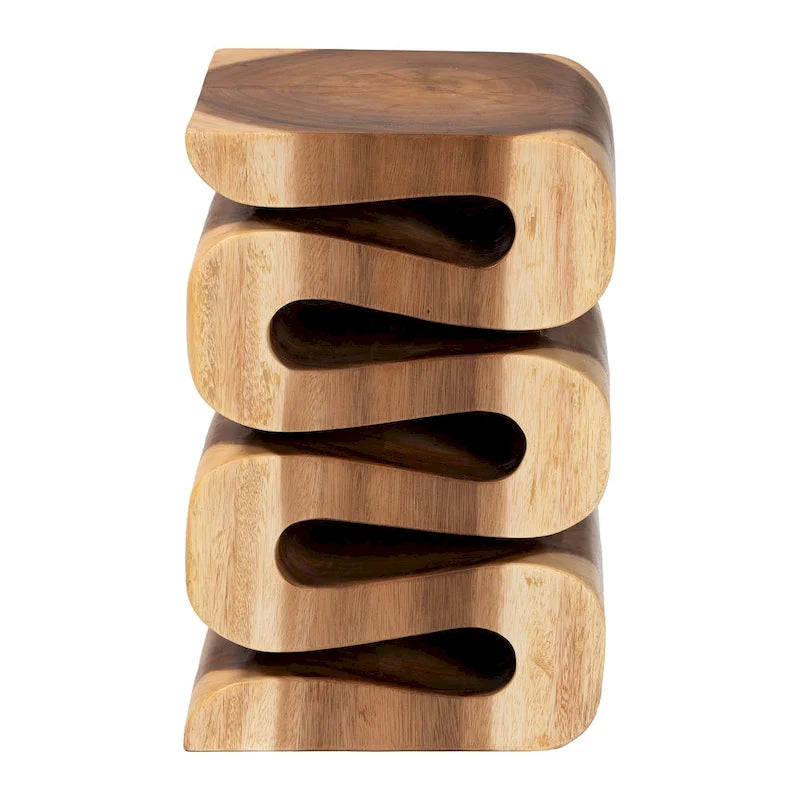 Eliada Hand-carved Suar Wood Side Table - Wavy Sculptural Accent Table, Modern Boho Style for Living Room or Bedroom