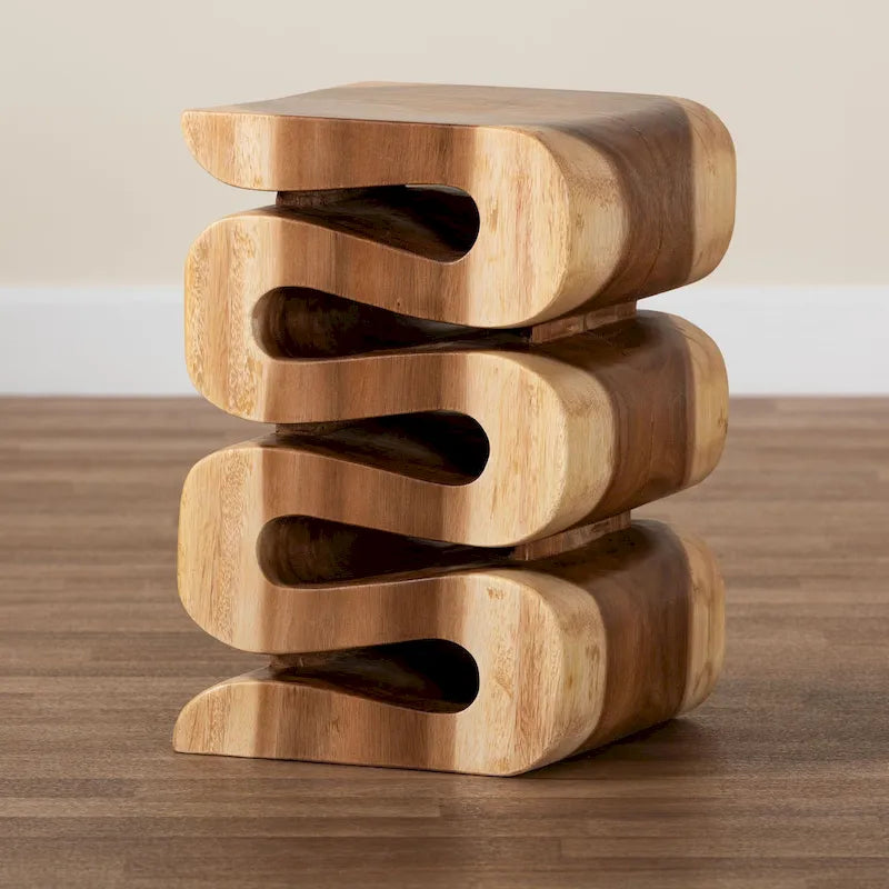 Eliada Hand-carved Suar Wood Side Table - Wavy Sculptural Accent Table, Modern Boho Style for Living Room or Bedroom