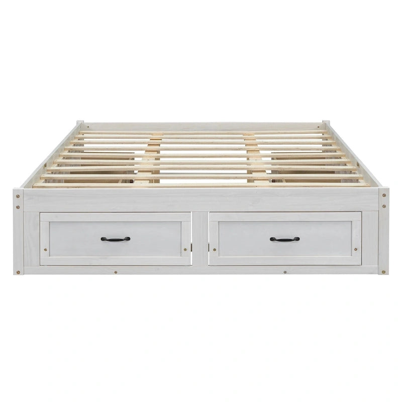 Queen Size Platform Bed with 6 Storage Drawers, Antique White
