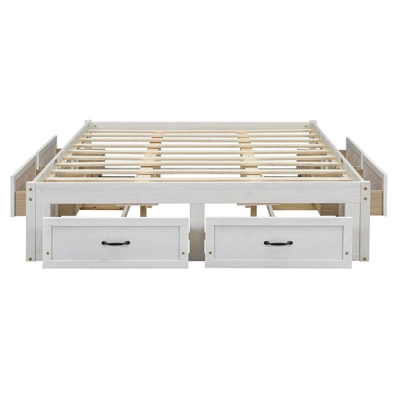 Queen Size Platform Bed with 6 Storage Drawers, Antique White
