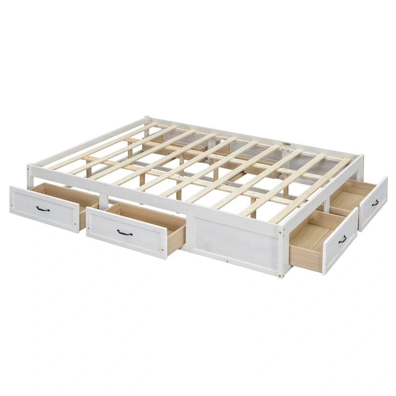 Queen Size Platform Bed with 6 Storage Drawers, Antique White