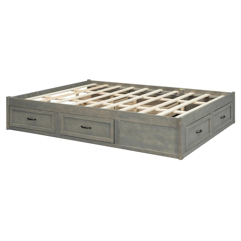 Queen Size Platform Bed with 6 Storage Drawers, Antique White