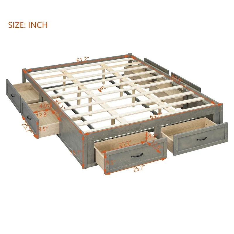Queen Size Platform Bed with 6 Storage Drawers, Antique White