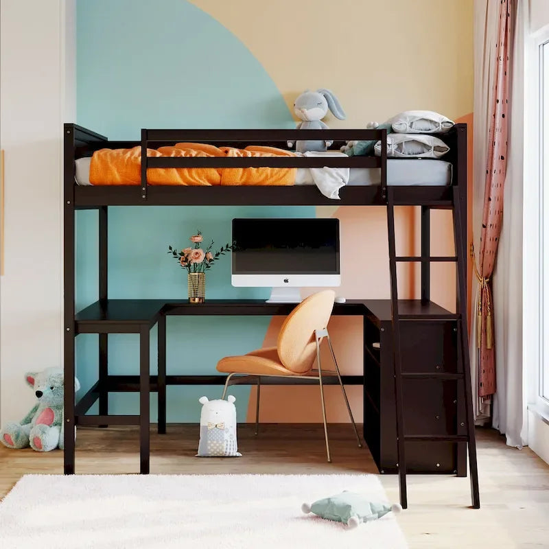 Full size Loft Bed with Shelves and Desk, Wooden Loft Bed with Desk