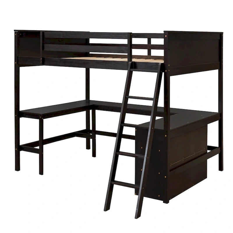 Full size Loft Bed with Shelves and Desk, Wooden Loft Bed with Desk